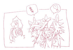  ! !! 0_0 3girls animal_ears beanie beer_hsk commentary_request cropped_torso ear_ribbon ears_through_headwear el_condor_pasa_(umamusume) hair_between_eyes hat horse_ears long_hair mask monochrome mouth_mask multiple_girls nakayama_festa_(umamusume) open_mouth orfevre_(old_design)_(umamusume) ponytail puffy_short_sleeves puffy_sleeves shirt short_sleeves simple_background spoken_exclamation_mark spoken_food umamusume upper_body very_long_hair white_background 