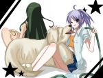  dog drink green_hair happy hose lavender_hair long_hair mimi_(mnemosyne) mnemosyne ponytail purple_eyes purple_hair sitting skirt star violet_eyes water wink 