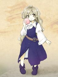  1girl belt blonde_hair blue_dress blue_shoes blush brown_background brown_belt brown_eyes building collared_shirt commentary_request dress eating food fruit full_body hashtag-only_commentary holding holding_food holding_fruit itatatata long_sleeves no_headwear o-ring o-ring_belt peach photo_background shirt shoes smile solo touhou tower watatsuki_no_toyohime white_shirt zun_(style) 