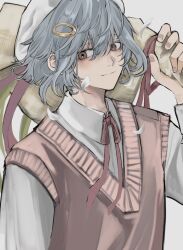  1boy blue_hair brown_eyes brown_sweater_vest closed_mouth commentary_request double-parted_bangs hair_between_eyes hair_ornament hat highres holding holding_sack looking_at_viewer male_focus neck_ribbon original petals red_ribbon ribbon sack sahi00000 shirt short_hair simple_background smile solo sweater_vest upper_body white_background white_hat white_petals white_shirt 