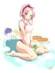  blush casual_one-piece_swimsuit green_eyes hair_ribbon haruno_sakura highres koku naruto oekaki one-piece one-piece_swimsuit pink_hair ribbon sitting sketch sweatdrop swimsuit yokozuwari 