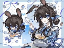  1girl alternate_costume alternate_hairstyle amiya_(arknights) apron arknights blue_background blue_border blue_bow blue_bowtie blue_dress blue_eyes blush border bow bowl bowtie brown_hair checkerboard_cookie chibi chibi_inset cookie dress dropping food hair_bow hair_rings holding holding_bowl holding_whisk looking_at_viewer maid_headdress open_mouth polka_dot polka_dot_background qielmy simple_background smile solo upper_body whisk white_apron white_background 