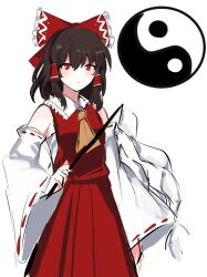  1girl ascot bow brown_hair closed_mouth commentary detached_sleeves frilled_bow frills gohei hair_bow hair_tubes hakurei_reimu highres holding holding_gohei long_hair looking_at_viewer orb red_bow red_eyes red_skirt ribbon-trimmed_sleeves ribbon_trim simple_background sketch skirt skirt_set solo touhou white_background yellow_ascot yin_yang yin_yang_orb zi_ziyuan_zuhsjsh 