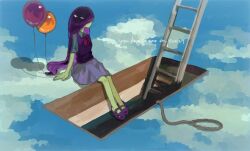  1girl balloon blue_sky clouds collared_shirt colored_skin commentary english_text hashtag-only_commentary ladder long_hair mari_(headspace)_(omori) mari_(omori) neckerchief nill_(nill) noose omori purple_hair purple_shoes purple_skirt purple_sweater_vest red_neckerchief rope shirt shoes short_sleeves sitting skirt sky solo spoilers sweater_vest very_long_hair white_shirt white_skin 