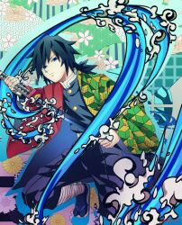  1boy belt black_hair black_jacket black_pants black_socks blue_eyes buttons closed_mouth commentary_request demon_slayer_uniform empty_eyes gold_buttons hair_between_eyes haori high_collar highres holding holding_sword holding_weapon jacket japanese_clothes katana kikkoumon kimetsu_no_yaiba long_hair looking_at_viewer low_ponytail male_focus pants ponytail print_haori red_haori sandals socks solo spiky_hair sword sword_writing tomioka_giyuu user_ycfg5335 water weapon white_belt 