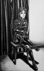  1girl black_gloves bordfunker133 breast_pocket breasts chair collar_tabs commentary_request cross crossed_legs full_body genderswap genderswap_(mtf) gloves greyscale highres indoors iron_cross jacket long_hair luftwaffe military military_uniform monochrome nazi nazi_party_pin on_chair original pants photo_(medium) pocket real_life schroer-chan_(bordfunker133) shoulder_boards sitting small_breasts smile soldier solo swastika werner_schroer world_war_ii 