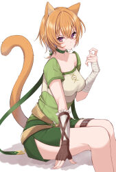  1girl animal_ears belt breasts cat_ears cat_girl choker closed_mouth collar commentary_request eyelashes facepaint facial_mark fire_emblem fire_emblem:_path_of_radiance fire_emblem:_radiant_dawn green_choker green_collar green_shorts hair_between_eyes hand_guard highres jiino laguz_(fire_emblem) lethe_(fire_emblem) looking_at_viewer medium_breasts o-ring o-ring_belt orange_hair orange_tail shorts side_slit side_slit_shorts sitting solo thigh_belt thigh_strap thighs violet_eyes whisker_markings white_background wrist_wrap 