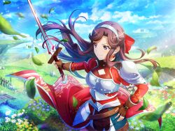  1girl armor blue_sky blurry blurry_foreground brown_gloves brown_hair closed_mouth day earrings falling_leaves fingerless_gloves floating_hair game_cg gloves grey_hairband hairband hand_on_own_hip holding holding_sword holding_weapon jacket jewelry leaf official_art parted_bangs red_jacket shoujo_kageki_revue_starlight shoujo_kageki_revue_starlight_-re_live- shoulder_armor sky smile solo standing sword tendou_maya upper_body v-shaped_eyebrows violet_eyes weapon 
