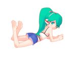  android ape_escape aqua_eyes back barefoot blush camisole charu_(ape_escape) charu_(saru_getchu) cutoffs denim denim_shorts doll_joints feet green_hair legs_up long_hair looking_back lying on_stomach ponytail robot_ears robot_joints saru_getchu shorts solo tank_top 
