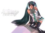  3d breasts brown_eyes detached_sleeves green_hair hatsune_miku hinemaru long_hair microphone necktie polygon solo thigh-highs thighhighs twintails very_long_hair vocaloid 