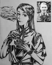  1boy 1girl belt bordfunker133 cigarette commentary_request cross earrings expressionless greiner-chan_(bordfunker133) greyscale herman_greiner iron_cross jewelry leather_belt long_hair looking_at_viewer military_uniform monochrome nazi original photo_(medium) real_life shirt short_sleeves smoke soldier solo upper_body watch watch 
