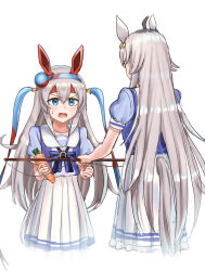  2girls absurdres ahoge animal_ears blue_eyes blue_hairband blush bow bowtie carrot carrot_on_stick commentary_request ear_covers ear_ornament fishing_rod grey_hair grey_tail hair_between_eyes hair_ornament hairband headband highres holding holding_carrot holding_fishing_rod horse_ears horse_girl horse_tail long_hair multicolored_hair multicolored_hairband multiple_girls oguri_cap_(umamusume) ooeyama open_mouth pleated_skirt puffy_short_sleeves puffy_sleeves purple_bow purple_bowtie purple_shirt red_headband sailor_collar sailor_shirt school_uniform shirt short_sleeves simple_background skirt striped_clothes striped_hairband sweatdrop tail tamamo_cross_(umamusume) tracen_school_uniform two-tone_hairband umamusume very_long_hair white_background white_sailor_collar white_skirt 
