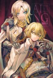  1boy 1girl aiguillette armor ascot behind_another belt belt_buckle black_ascot black_belt blonde_hair blue_eyes bridal_gauntlets buckle cape chair choma0215 cloak closed_mouth collared_cloak commentary_request curtains eyelashes faust_(project_moon) formal_clothes hair_between_eyes hand_on_another's_shoulder hand_up indoors lapels limbus_company looking_at_viewer n_corp._fanatic_(identity)_(project_moon) open_collar pants parted_bangs pauldrons pelvic_curtain project_moon shirt short_hair shoulder_armor sinclair_(project_moon) single_hair_intake single_pauldron sitting smile star_ornament tsurime twitter_username watermark wax_seal white_cape white_cloak white_pants white_shirt yellow_eyes 