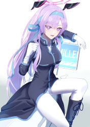  1girl absurdres blue_archive blue_headband breasts commentary_request floating_headgear gloves headband headgear highres large_breasts long_sleeves looking_at_viewer m1i_i109 official_alternate_costume official_alternate_hairstyle pants ponytail purple_hair sentry solo utaha_(blue_archive) utaha_(cheer_squad)_(blue_archive) violet_eyes white_gloves white_pants 