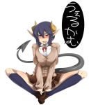  bad_id blue_hair blush breast_squeeze breasts demon_girl demon_tail horns huge_breasts pointy_ears short_hair sitting socks tail 