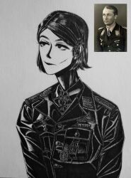  1girl black_jacket black_lips bob_cut bordfunker133 closed_mouth collar_tabs commentary_request cross dress_shirt expressionless genderswap genderswap_(mtf) greyscale hair_behind_ear hair_ornament hairpin highres iron_cross jacket johannes_steinhoff lipstick looking_ahead luftwaffe makeup military military_uniform monochrome nazi original photo_(medium) photo_inset real_life reichsadler scar scar_on_cheek scar_on_face shirt short_hair shoulder_boards simple_background solo steinhoff-chan_(bordfunker133) swastika upper_body 