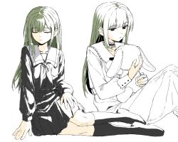  ave_mujica_(bang_dream!) bang_dream! black_eyes black_socks closed_eyes closed_mouth expressionless grey_hair hair_ornament hairpin hand_on_floor hand_on_own_thigh hashtag-only_commentary highres holding holding_stuffed_toy long_hair looking_at_object on_floor partially_colored school_uniform skirt socks stuffed_animal stuffed_rabbit stuffed_toy wakaba_mutsumi white_background zx277x 