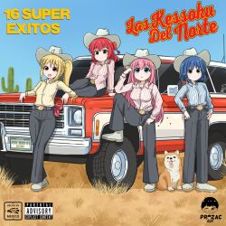  4girls :d :o ahoge album_cover alternate_costume artist_name belt blonde_hair blue_eyes blue_hair blue_sky bocchi_the_rock! bullet_hole cactus car clear_sky commentary_request cover desert detached_ahoge dog fake_cover gotoh_hitori grey_pants highres ijichi_nijika kita_ikuyo long_hair motor_vehicle multiple_girls on_car outdoors pants parental_advisory parted_lips pink_hair pinstripe_pattern pinstripe_shirt prozacguy red_eyes red_hair shirt side_ponytail sky smile spanish_commentary spanish_text translation_request vehicle_request white_shirt yamada_ryo yellow_eyes 