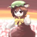 brown_hair cat_ears chen chipika earrings fangs finger_gun hat jewelry looking_at_viewer lowres no_nose pointing red_eyes short_hair solo touhou 