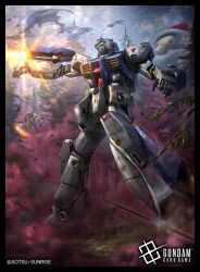  absurdres arm_mounted_weapon axe colony_interior commentary_request company_name copyright_logo copyright_notice firing full_body glowing glowing_eye green_eyes gundam gundam_0080 gundam_alex gundam_card_game heat_hawk highres holding holding_axe holding_weapon logo mecha mecha_focus mobile_suit no_humans official_art one-eyed outstretched_arm pine_tree raruru red_eyes robot santa_claus science_fiction smoke solo_focus spoilers standing sunrise_(company) tree twisted_torso v-fin weapon zaku_ii_fz_kai 