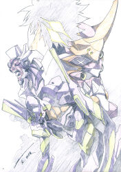  1990s_(style) 1boy absurdres albino alien angry eva_01 eva_02 eva_08 evangelion_(mecha) gojooni highres mecha monster nagisa_kaworu neon_genesis_evangelion official_art promotional_art retro_artstyle robot scan science_fiction screaming signature sketch spiky_hair super_robot teeth tongue traditional_media transformation turning_head white_background white_hair 