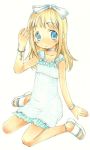  blonde_hair blue_eyes blush dress hair_ribbon hair_ribbons ichigo_mashimaro kneeling legs long_hair ribbon ribbons saiya sandals 