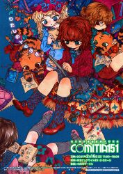  4girls animal blonde_hair blue_eyes book braid brown_hair cable_knit drawing_(action) dress facing_away fingerless_gloves flats floral_print floral_print_dress frills from_above gloves hair_ornament hairclip headdress highres holding holding_animal kneehighs long_hair long_sleeves multiple_girls neck_ribbon orange_hair original paint paintbrush paper parted_lips partially_fingerless_gloves pen pencil pince-nez print_dress quill ribbon rug shorts single_braid sitting skirt smile socks sweater thighs tiger turtleneck turtleneck_sweater twintails wavy_hair yamakita_higashi 