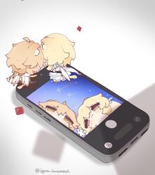  1boy 1girl aether_(genshin_impact) ahoge artist_name bare_back bare_shoulders blonde_hair blue_sky blush boots braid brother_and_sister brown_boots brown_gloves brown_pants brown_shirt cellphone chibi chibi_only closed_mouth commentary detached_sleeves dress feather_hair_ornament feathers figures_taking_selfie_(meme) flower from_behind full_body genshin_impact gloves hair_between_eyes hair_flower hair_ornament hair_ribbon half-closed_eyes igyou_kusamochi long_hair long_sleeves looking_down low-braided_long_hair low-tied_long_hair lumine_(genshin_impact) meme night pants phone ribbon scarf shadow shirt shooting_star short_hair short_sleeves siblings sidelocks single_braid sitting sky sleeveless sleeveless_dress smartphone smile star_(sky) starry_sky symbol-only_commentary white_boots white_dress white_flower white_ribbon white_scarf white_sleeves yellow_eyes 