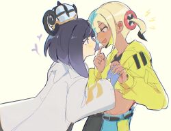  2girls :d :o aqua_hair aqua_pants bad_id bad_twitter_id black_hair black_pants blonde_hair blue_gloves blush bob_cut canari_(pokemon) coat commentary cropped_jacket dark-skinned_female dark_skin english_commentary eyelashes from_side gloves gwynn_(pokemon) hat heart highres holding_hands jacket long_sleeves looking_at_another mask mask_pull midriff minosillies mouth_mask multicolored_hair multiple_girls open_clothes open_jacket open_mouth pants pokemon pokemon_legends:_z-a purple_hair short_hair smile split-color_clothes split-color_hair twintails violet_eyes white_background white_coat yellow_jacket yellow_nails yuri 