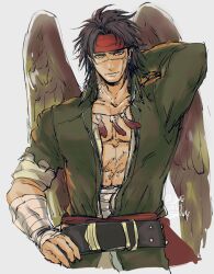  1boy bandaged_arm bandaged_stomach bandages belt bilingual_commentary bird_wings black_belt black_hair brown_wings cropped_legs feathered_wings fire_emblem fire_emblem:_path_of_radiance green_jacket hand_on_own_hip headband highres jacket jewelry long_hair long_sleeves looking_at_viewer male_focus mixed-language_commentary necklace parted_hair red_headband scar scar_on_face simple_background solo tibarn_(fire_emblem) torn_sleeve umi_(oneinchswing) white_background wings 