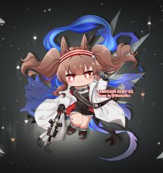  1girl absurdres angelina_(arknights) animal_ears arknights bag black_collar black_shoes black_shorts black_socks bright_pupils brown_hair chibi chibi_only coat collar commission deformed earpiece english_commentary floating_hair fox fox_ears fox_girl full_body hairband highres infection_monitor_(arknights) jacket long_hair long_sleeves looking_at_viewer material_growth messenger_bag mininuffles multicolored_hairband open_clothes open_coat open_jacket originium_arts_(arknights) oripathy_lesion_(arknights) plump red_eyes red_hairband red_jacket shoes short_shorts shorts shoulder_bag socks solo striped_clothes striped_hairband twintails two-tone_hairband vgen_commission white_coat white_pupils 