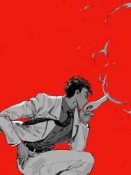  1boy absurdres belt closed_eyes commentary diamond_wa_kudakenai disintegration english_commentary greyscale_with_colored_background haddockkkk highres jojo_no_kimyou_na_bouken kira_yoshikage kiss kissing_hand male_focus murder necktie red_background severed_hand skull_print suit 