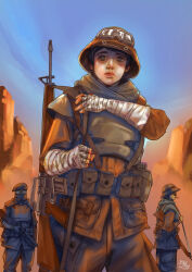  1girl 2boys absurdres ammunition_pouch ar-15 arm_wrap armor assault_rifle bad_link bandana bbdyart beret black_hair blue_sky bulletproof_vest canteen cigarette desert fallout fallout:_new_vegas goggles goggles_on_headwear grey_eyes gun gun_sling hat helmet highres hill looking_at_viewer multiple_boys ncr_trooper new_california_republic pauldrons pouch rifle short_hair shotgun shoulder_armor signature single_pauldron sky smoking weapon 