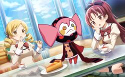  2girls antenna_hair arm_on_table artist_request black_bow black_skirt black_socks blonde_hair blue_sky bow bowtie brown_pantyhose cake cake_slice charlotte_(madoka_magica) cheesecake clouds collared_shirt couch cowboy_shot cup cushion day dot_nose drill_hair drooling dutch_angle elbow_on_table fingernails flower_hairpin food game_cg glass_table hair_bow hand_on_own_cheek hand_on_own_chin hand_on_own_elbow hand_on_own_face high_collar high_ponytail highres indoors jewelry juliet_sleeves kneehighs kneeling lace-trimmed_shirt lace-trimmed_sleeves lace_trim layered_shirt light_blush light_particles living_room long_hair long_sleeves looking_at_creature mahou_shoujo_madoka_magica mahou_shoujo_madoka_magica:_hangyaku_no_monogatari mahou_shoujo_madoka_magica_magia_exedra miniskirt mitakihara_school_uniform multiple_girls nail_art official_alternate_costume official_art open_mouth pantyhose plaid_clothes plaid_skirt plate pleated_skirt pocket ponytail pout puffy_sleeves red_bow red_bowtie red_eyes red_hair ring rug sakura_kyoko saucer school_uniform shirt skirt sky sleeve_cuffs socks surprised table tareme tea teacup television third-party_source tomoe_mami tsurime twin_drills very_long_hair window witch_(madoka_magica) yellow_eyes yellow_shirt zabuton 