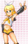  baanin blush kagamine_rin midriff miyabi_maou open_shorts outstretched_arm vocaloid 