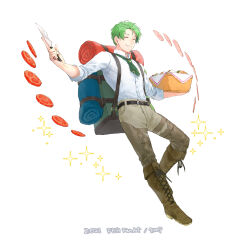 1boy 91007 absurdres alternate_costume boots closed_eyes commentary_request fire_emblem fire_emblem:_path_of_radiance fire_emblem:_radiant_dawn fire_emblem_heroes food green_eyes green_hair ham highres male_focus oscar_(fire_emblem) picnic_basket short_hair smile tomato tomato_slice 