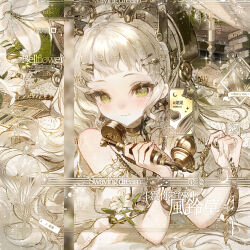  :3 antique_phone beret blunt_bangs brown_theme closed_mouth clothing_cutout commission eyelashes fingernails flower green_eyes hair_ornament hairpin hat highres holding holding_phone indoors lily_(flower) lily_of_the_valley long_hair looking_at_viewer makeup mihuashi_commission monochrome original paper phone puffy_short_sleeves puffy_sleeves rouge_(makeup) short_sleeves shoulder_cutout smile spot_color square tengyuan_keke too_many_watermarks watermark white_flower 