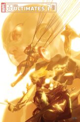  2girls absurdres alternate_universe ant-man_(series) beard bracer cape captain_america captain_america_(series) comic_cover company_name copyright_logo copyright_name cover cover_page crossed_arms doctor_doom electricity english_text facial_hair fantastic_four hammer hank_pym helmet highres holding holding_hammer holding_shield holding_sword holding_weapon insect_wings janet_van_dyne logo marvel mask miguel_mercado mjolnir_(marvel) multiple_girls official_art parachute realistic reed_richards shield sif_(marvel) superhero_costume sword thor_(marvel) thor_(marvel)_(series) wasp_(marvel) weapon white_background wings yellow_theme 