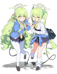  2girls absurdres alternate_costume aqua_scrunchie bag black_tail blue_archive blue_cardigan blue_skirt blush bow bowtie candy cardigan cardigan_around_waist clothes_around_waist demon_tail fang fluffy_hair food green_hair green_halo hair_bun halo hand_up hands_up highres hikari_(blue_archive) holding holding_candy holding_food holding_lollipop leg_up loafers lollipop long_hair long_sleeves looking_at_viewer loose_socks multiple_girls necktie nozomi_(blue_archive) open_mouth pantyhose pink_scrunchie pleated_skirt pointy_ears school_bag scrunchie shadow shirt shoes siblings simple_background single_side_bun sisters skirt sleeves_past_wrists socks tail tanghulu_(bbbb1123112) twins twintails white_background white_pantyhose white_shirt yellow_bow yellow_bowtie yellow_eyes yellow_necktie 