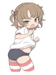  1girl ass belly black_buruma blue_buruma blush_stickers buruma clenched_hands commentary cropped_legs dot_nose gym_shirt gym_uniform hair_ribbon highres ketsu_juuji_killer_(kejuki) looking_at_viewer marui_mitsuba mitsudomoe_(manga) muffin_top name_tag open_mouth red_ribbon ribbon shirt short_sleeves simple_background solo striped_clothes striped_thighhighs thigh-highs two_side_up v-shaped_eyebrows white_background white_shirt 