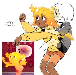  2girls 990shitpost animification bike_shorts bike_shorts_under_skirt black_eyes blonde_hair blush_stickers bracelet carrie_krueger carrying colored_skin commentary_request dark-skinned_female dark_skin english_text ghost hair_over_one_eye highres hood hood_down hoodie horns jewelry korean_commentary light-skinned_palms multiple_girls necktie open_mouth penny_fitzgerald personification piggyback pleated_skirt reference_inset see-through_body short_hair short_sleeves shorts skirt smile spiked_bracelet spikes the_amazing_world_of_gumball thigh-highs two_side_up white_hair white_skin yellow_eyes 