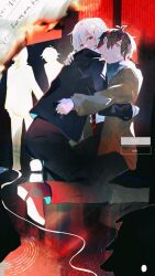  2boys akinashi_haru black_hair black_jacket black_pants black_suit blue_eyes brown_cardigan cardigan collared_shirt dress_shirt english_text hapyunbday hashtag-only_commentary head_on_another's_shoulder highres holding_hands hug jacket kneeling looking_at_viewer male_focus multiple_boys multiple_views necktie pants red_eyes saihate_eki shirt short_hair suit tatsunami_shion train_interior white_hair white_shirt 