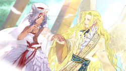  1boy 1girl 91007 animal_ears blonde_hair commentary_request couple dark-skinned_female dark_skin dress eyepatch feathered_wings fire_emblem fire_emblem:_radiant_dawn fire_emblem_heroes fur_trim green_eyes grey_hair groom hetero highres holding_hands laguz_(fire_emblem) long_hair nailah_(bridal)_(fire_emblem) nailah_(fire_emblem) rafiel_(fire_emblem) rafiel_(groom)_(fire_emblem) wedding_dress wings wolf_ears 
