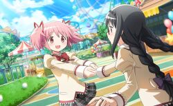  2girls akemi_homura amusement_park anime_coloring artist_request back_bow balloon black_hair black_skirt bow bowtie braid bush carousel closed_mouth collared_shirt commentary cowboy_shot day dot_nose eye_contact face-to-face ferris_wheel floating_clothes floating_hair food_stand from_behind game_cg glasses grey_hairband hair_bow hair_ribbon hairband happy high_collar highres holding_hands juliet_sleeves kaname_madoka lace-trimmed_shirt lace-trimmed_sleeves lace_trim layered_shirt light_blush light_smile long_hair long_sleeves looking_at_another low_twin_braids mahou_shoujo_madoka_magica mahou_shoujo_madoka_magica:_hangyaku_no_monogatari mahou_shoujo_madoka_magica_magia_exedra miniskirt multiple_girls official_art open_mouth outdoors pink_eyes pink_hair plaid_clothes plaid_skirt pleated_skirt pocket pointy_nose puffy_sleeves purple_bow red-framed_eyewear red_bow red_bowtie red_ribbon ribbon roller_coaster shirt short_hair short_twintails skirt sleeve_cuffs smile spinning star_balloon studded_hairband tareme third-party_source twin_braids twintails very_long_hair violet_eyes yellow_bow yellow_shirt 