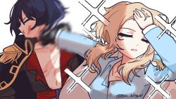  1boy 1girl bishie_sparkle black_cloak black_gloves black_hair black_shirt black_sleeves blonde_hair blue_shirt blue_sleeves blunt_ends bruise cloak closed_eyes collarbone collared_shirt commentary cosplay_request epaulettes facing_to_the_side facing_viewer genshin_impact gloves gold_trim hand_in_own_hair hand_on_own_head hand_up highres injury layered_sleeves long_sleeves lumine_(genshin_impact) meme motion_blur naoya_hitting_choso_without_looking_(meme) navel one_piece open_cloak open_clothes open_collar open_mouth parted_lips partially_unbuttoned pectorals plunging_neckline punching red_sash remhotaru sash scaramouche_(genshin_impact) shirt short_hair short_hair_with_long_locks sidelocks symbol-only_commentary twitter_username white_background white_sleeves 