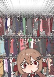  1girl :o ahoge black_cardigan blurry bow bowtie brown_hair cardigan closet clothes_hanger collared_shirt commentary eenightlamp emphasis_lines english_commentary evil_neuro-sama hair_between_eyes hair_ornament hair_ribbon highres long_hair looking_at_viewer off-shoulder_cardigan red_bow red_bowtie red_eyes red_ribbon ribbon shirt skull_hair_ornament surprised too_many torn_hair_ribbon twitter_username two_side_up unworn_clothes v-shaped_eyebrows vedal_ai white_shirt wide-eyed 