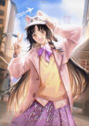  1girl :d absurdres aircraft airplane arknights black_hair blonde_hair braid buttons chinese_commentary city coat colored_inner_hair commentary contrail copyright_notice cowboy_shot day facial_mark flat_cap forehead_mark hat hat_tip highres long_hair long_sleeves looking_at_viewer multicolored_hair open_clothes open_coat open_mouth outdoors peaked_cap purple_skirt qing_han_geng_(sunwind9426) saga_(arknights) skirt smile solo standing sweater unbuttoned v watermark white_coat white_hat yellow_eyes yellow_sweater 