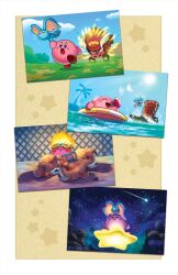  awoofy blush_stickers buffahorn colored_skin commentary elfilin english_commentary fire_kirby gnawcodile highres horns hot kirby kirby_(series) kirby_and_the_forgotten_land night no_humans notched_ear open_mouth palm_tree pink_skin rhandi_mask running shooting_star sleeping star_(sky) star_(symbol) swim_ring tree warp_star 