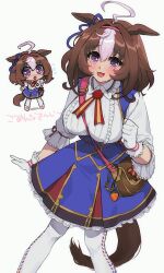  1girl ahoge animal_ears between_breasts blue_skirt blush breasts brown_hair center_frills chibi collared_shirt commentary_request double-parted_bangs ear_ribbon empty_(neyo) feet_out_of_frame flying_sweatdrops frills gloves hair_between_eyes hairband highres horse_ears horse_girl horse_tail large_breasts long_sleeves looking_at_viewer medium_hair meisho_doto_(umamusume) multicolored_hair open_mouth pantyhose pink_hairband shirt simple_background skirt smile solo standing strap_between_breasts tail tearing_up translation_request two-tone_hair umamusume violet_eyes white_background white_gloves white_pantyhose white_shirt 