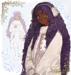  1girl alternate_costume bindi buttons coat commentary dark-skinned_female dark_skin earmuffs green_eyes highres himemiya_anthy legacyquasar618 long_hair pink_skirt purple_hair ringlets scarf shirt shoujo_kakumei_utena skirt snowflakes white_coat white_scarf white_shirt 